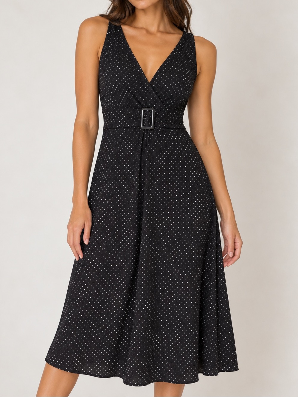 ✨ Chapter One Black Polka Dot Wrap Midi Dress with Buckle Detail Small